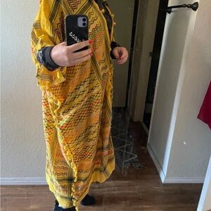 Vibrant Yellow Patterned Women's Dress. Free size of Kufeya open abaya . Duster